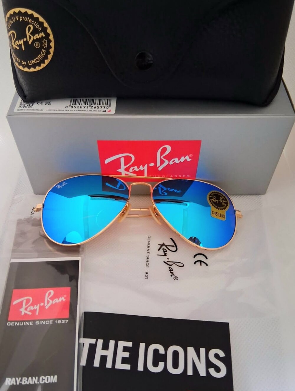 NEW Ray Ban RB3025 58mm Aviator Aqua Blue Lens Gold Frame Sunglasses